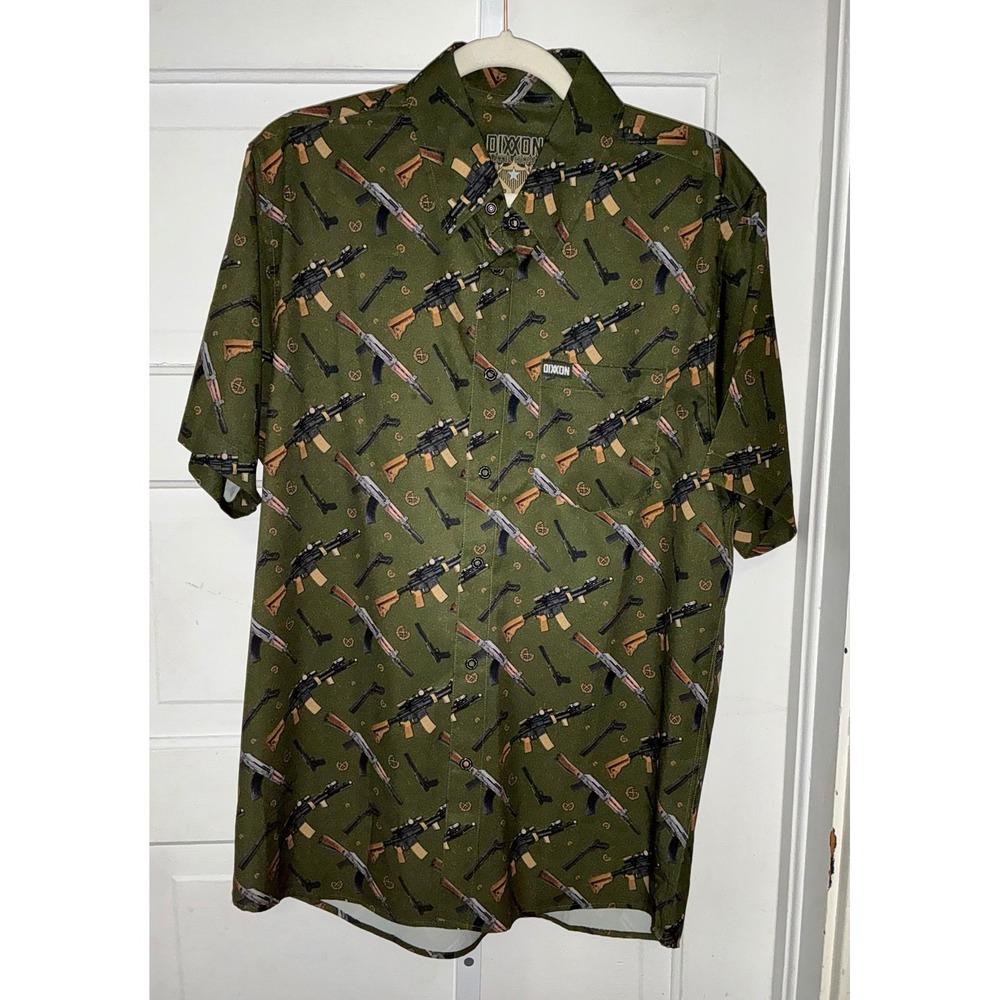 Dixxon Flannel Co Men Medium Olive Green Firearm Tactical Rifle Print SS Shirt